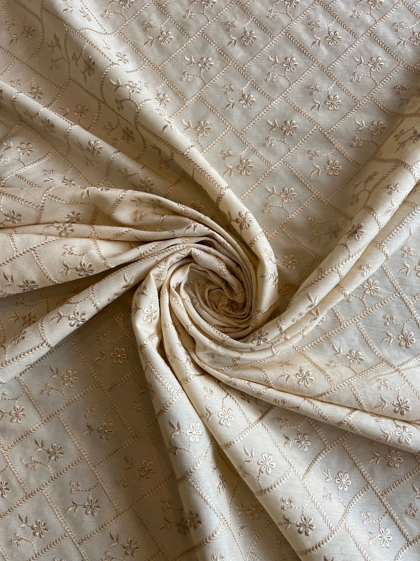 Cream Viscose Raw Silk Embroidered Fabric