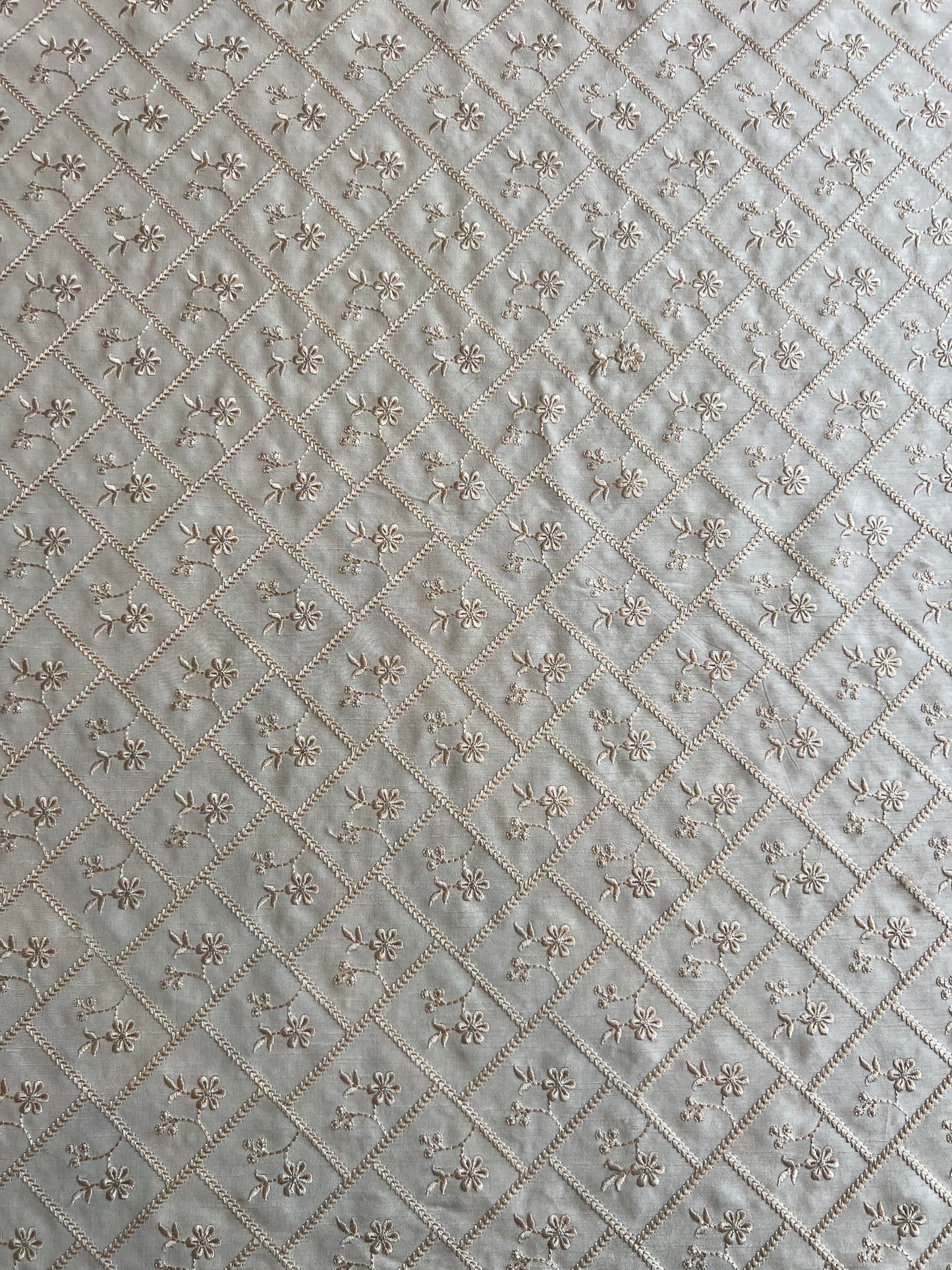 Cream Viscose Raw Silk Embroidered Fabric