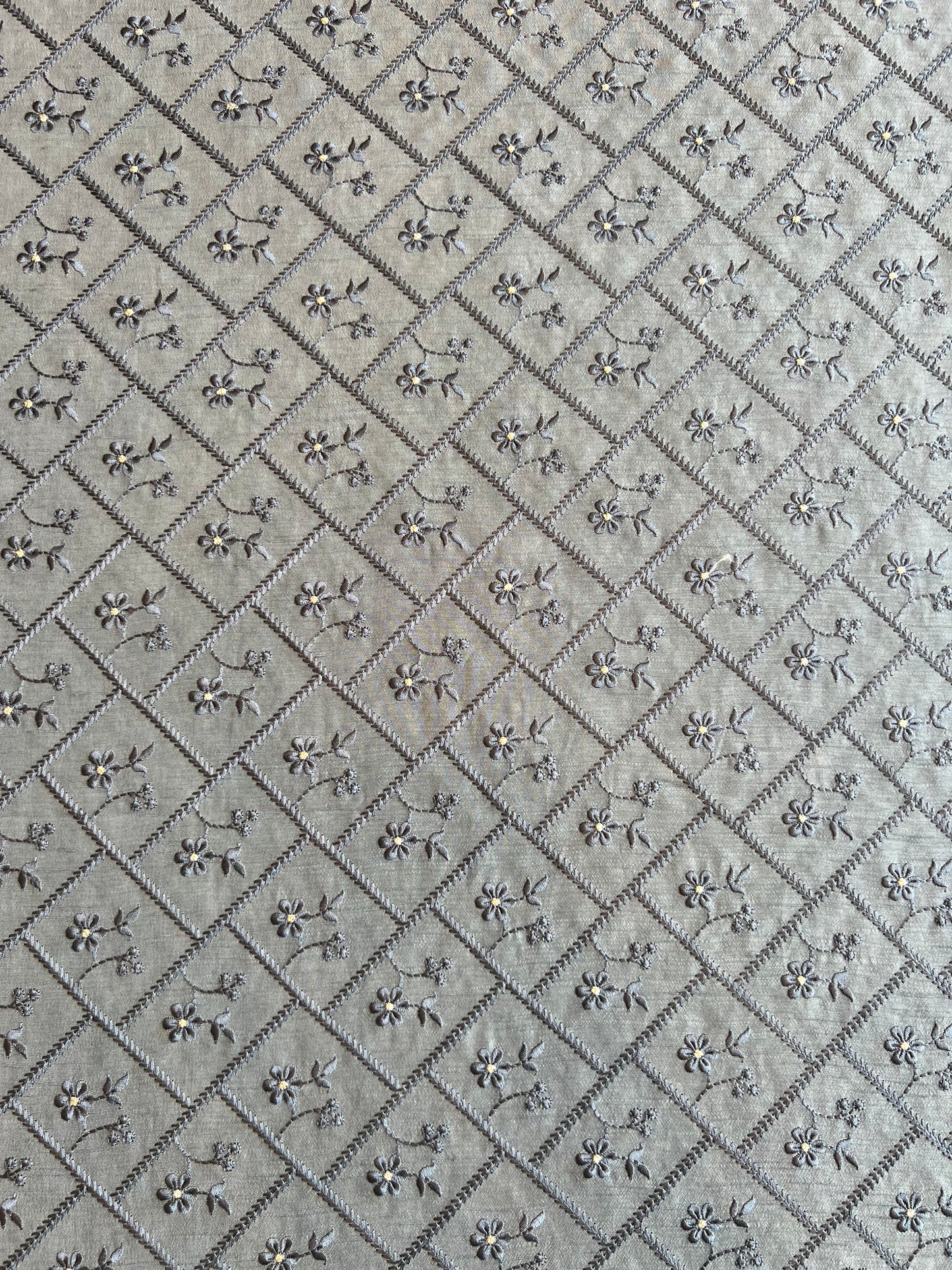 Grey Viscose Raw Silk Embroidered Fabric