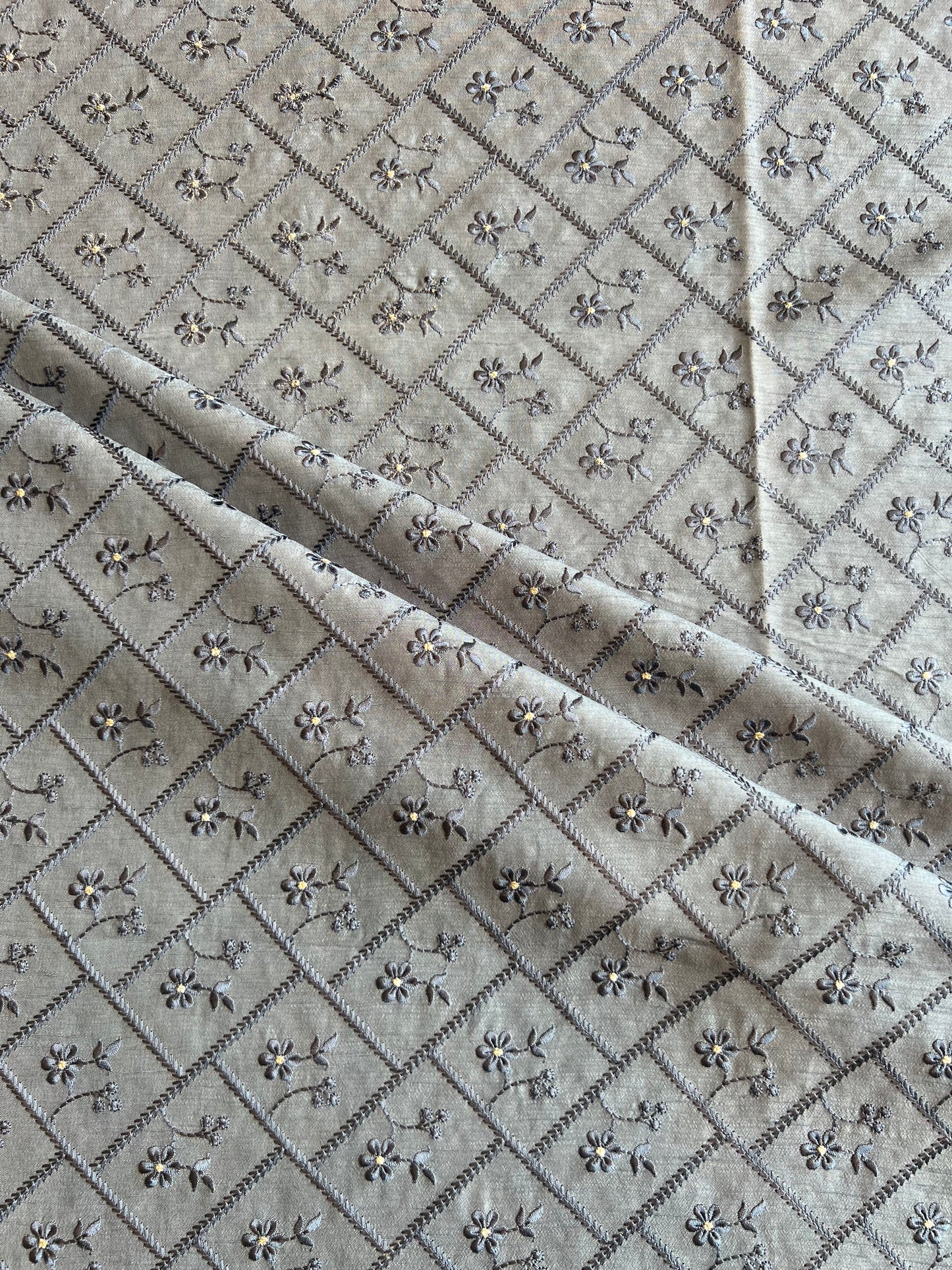 Grey Viscose Raw Silk Embroidered Fabric