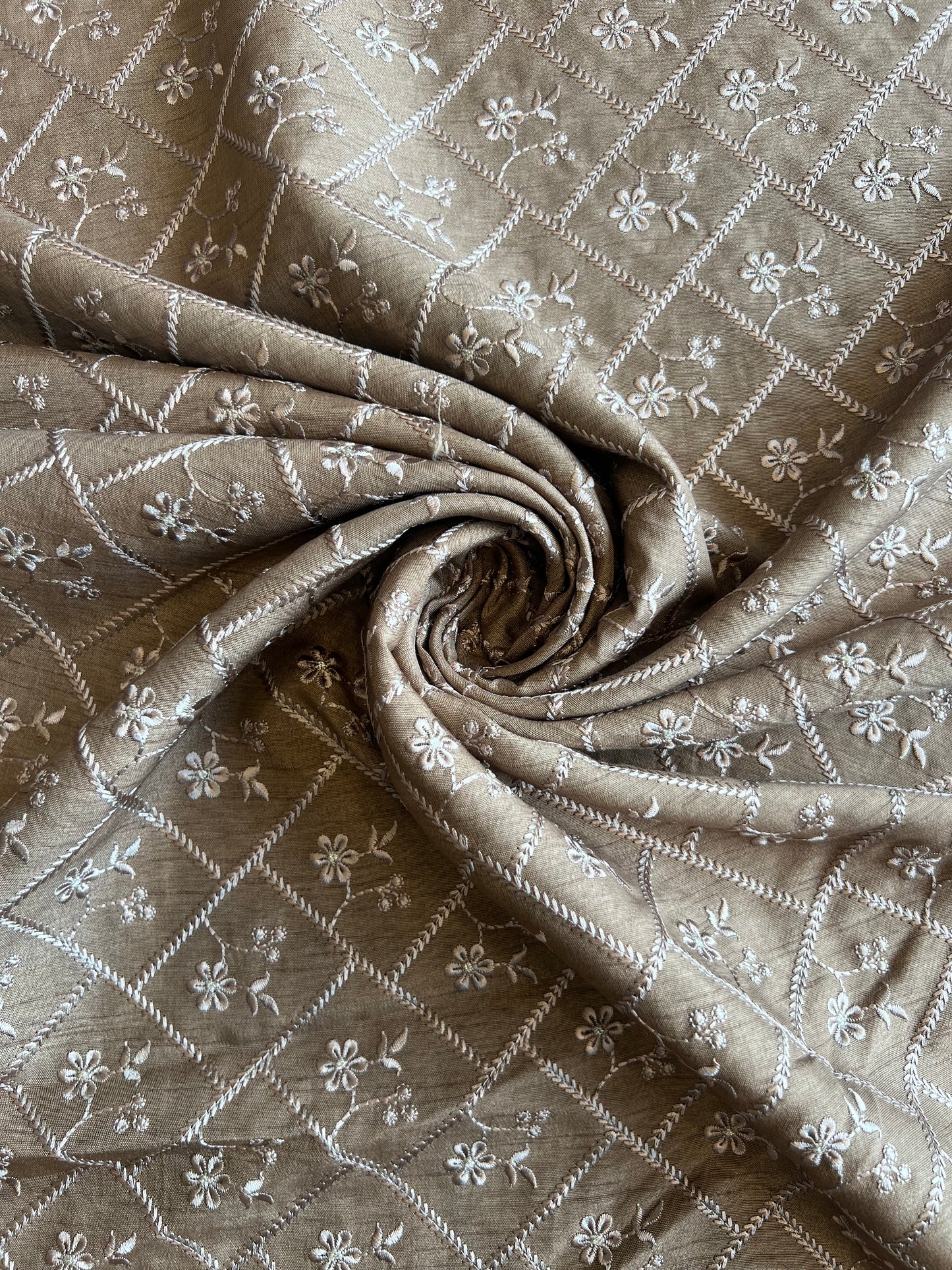 Mouse Colour Viscose Raw Silk Embroidered Fabric