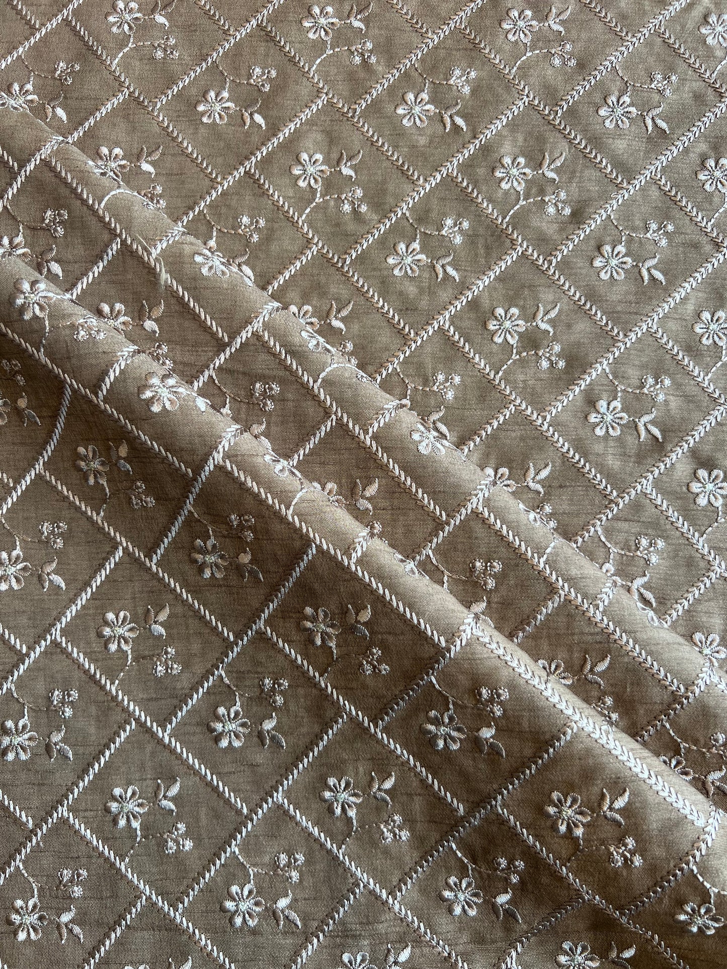 Mouse Colour Viscose Raw Silk Embroidered Fabric