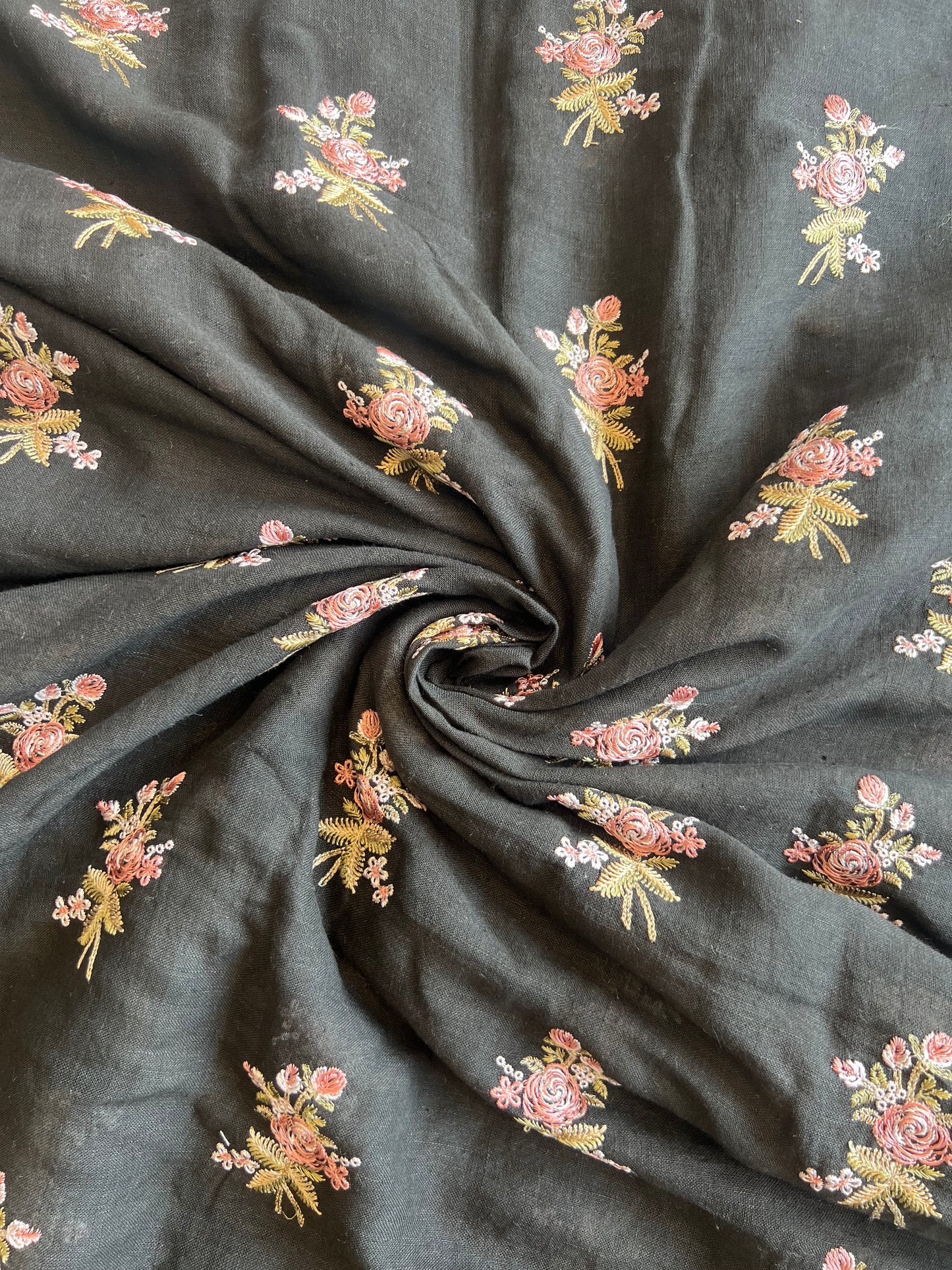 Black Pure Gauze Linen Embroidered Fabric