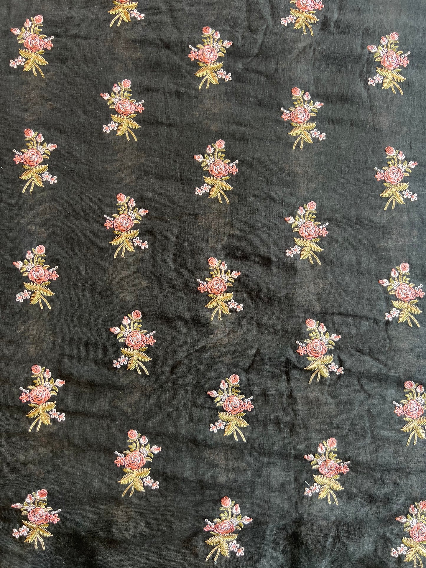 Black Pure Gauze Linen Embroidered Fabric