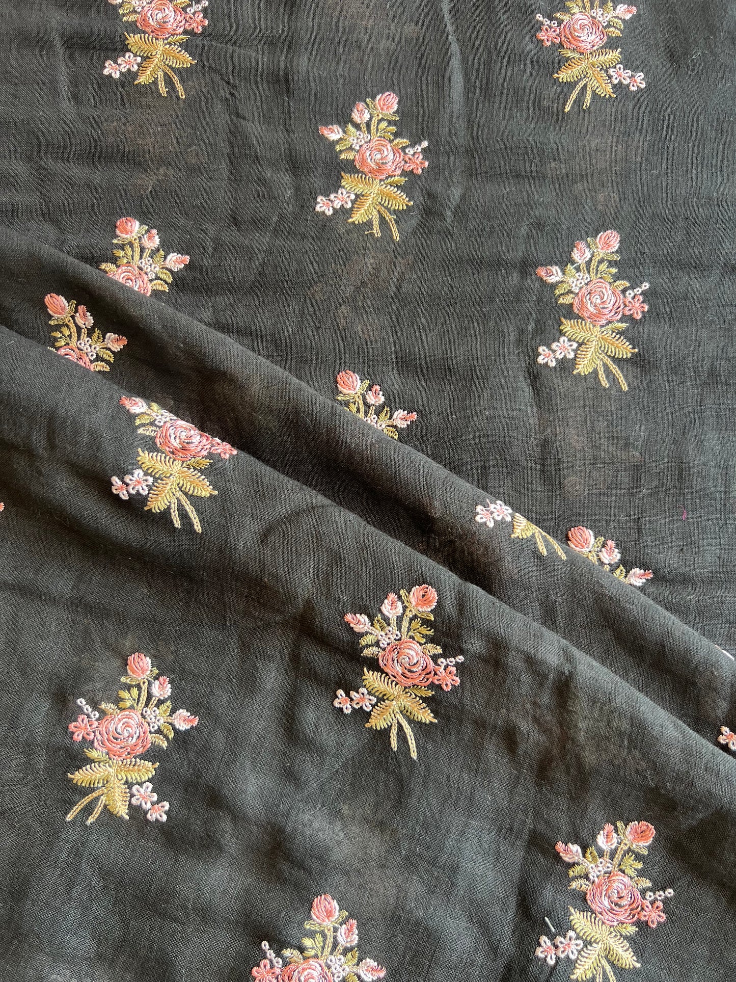 Black Pure Gauze Linen Embroidered Fabric