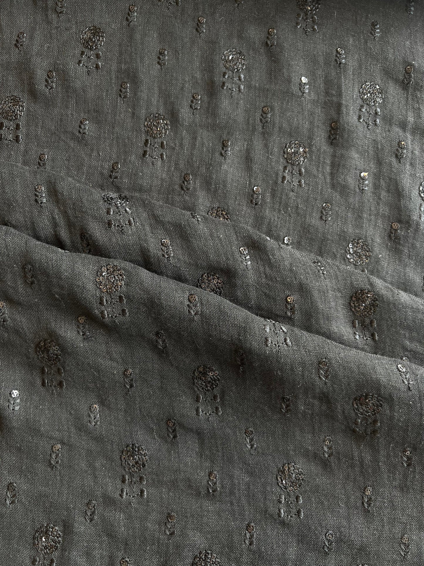 Black Pure Linen Embroidred Fabric