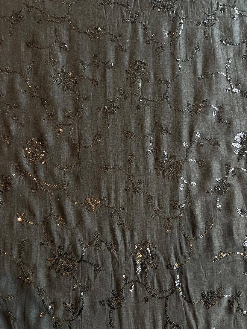 Black Colour Mul Chanderi with Sequence Work Embroidered Fabric