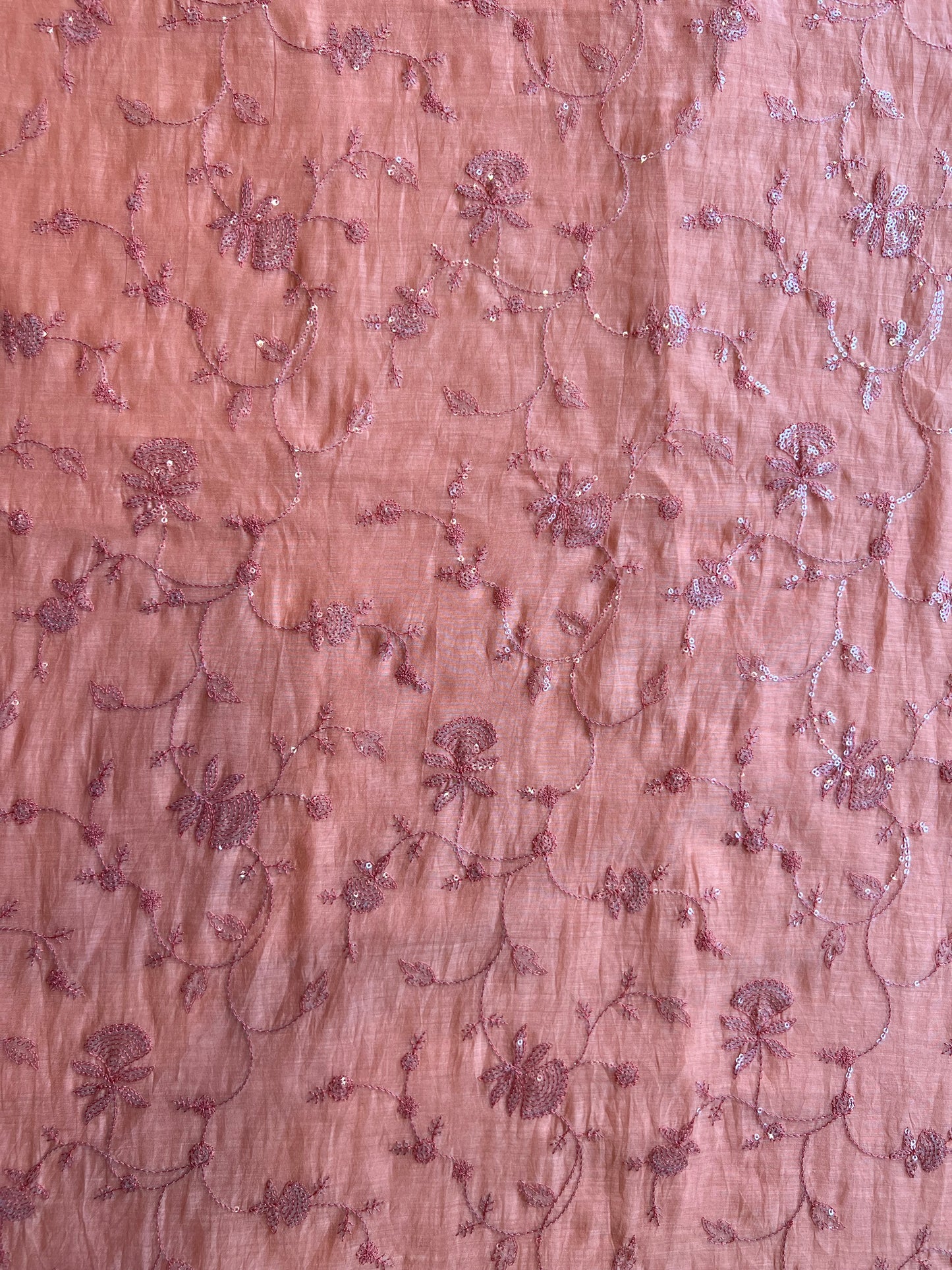 Coral Colour Mulmul with Sequence Work Embroidered Fabric