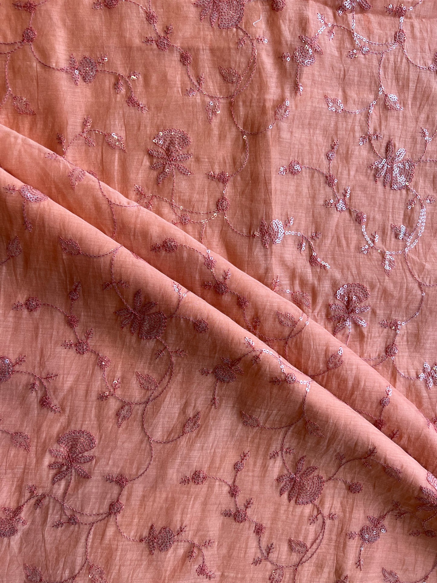 Coral Colour Mulmul with Sequence Work Embroidered Fabric
