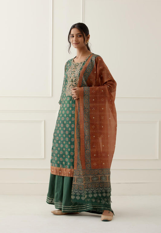 Rama Green Gota Work Suit Set with contrast Bhandani Dupatta