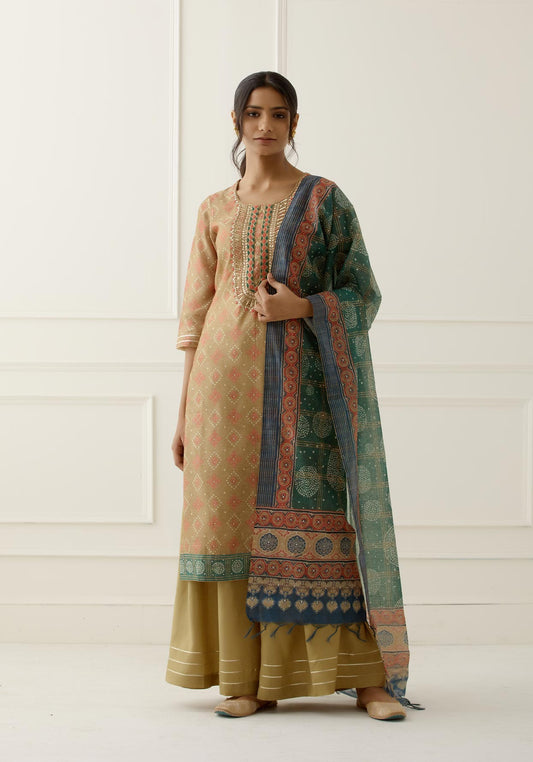 Lime Sequence and Gota Work Suit Set with contrast Bhandani Dupatta