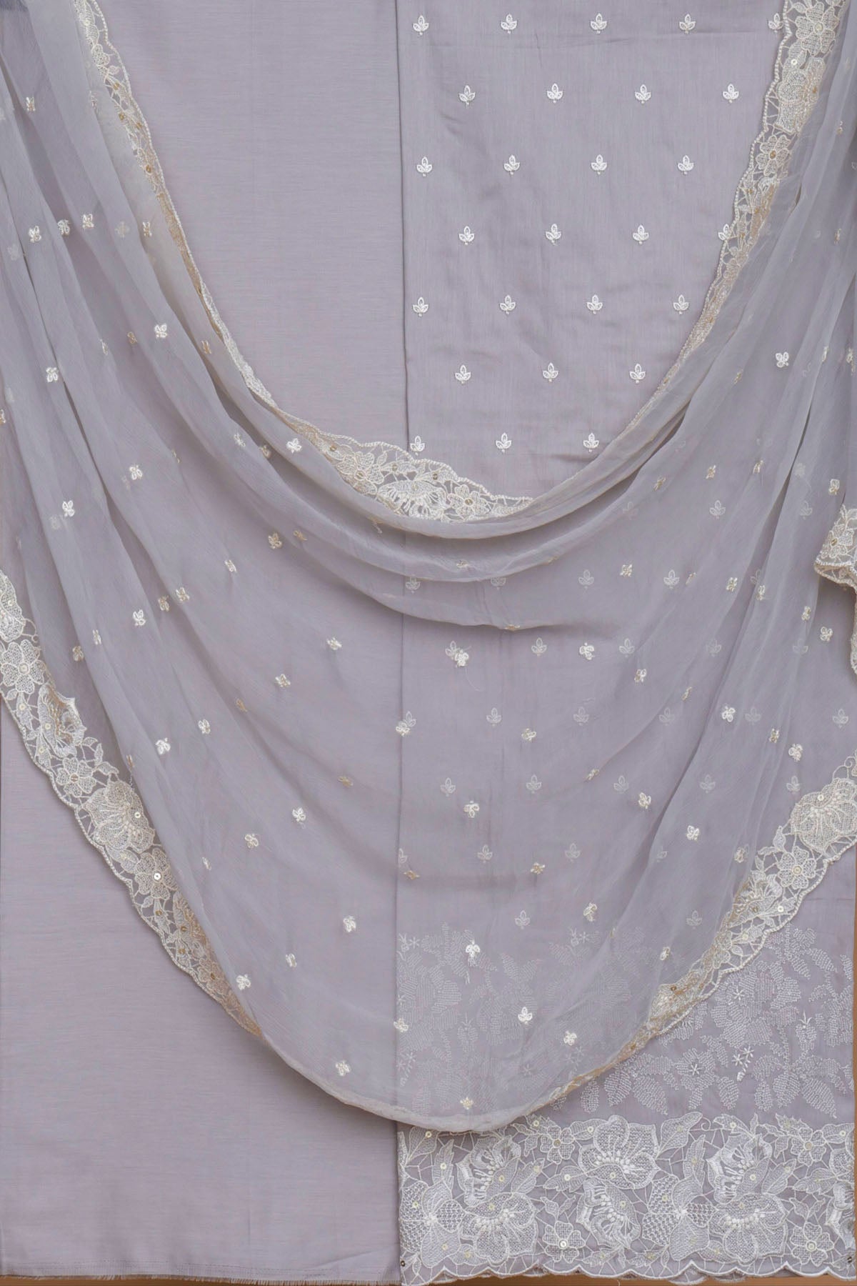 Grey Glace Cotton Embroidered Suit with Embroidered Chiffon Dupatta "Cotton Embroidered"