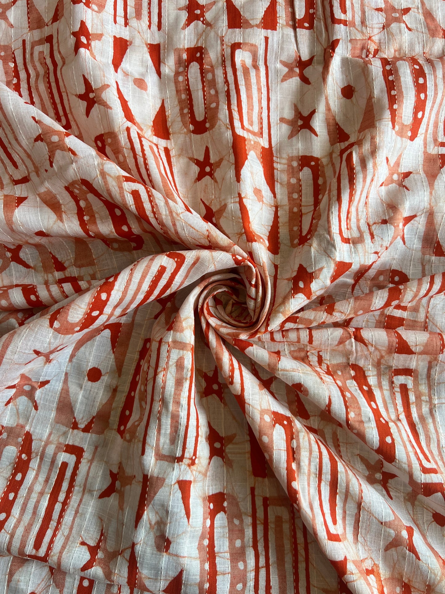 Orange Geometrical Printed Self Weaved Cotton Fabric