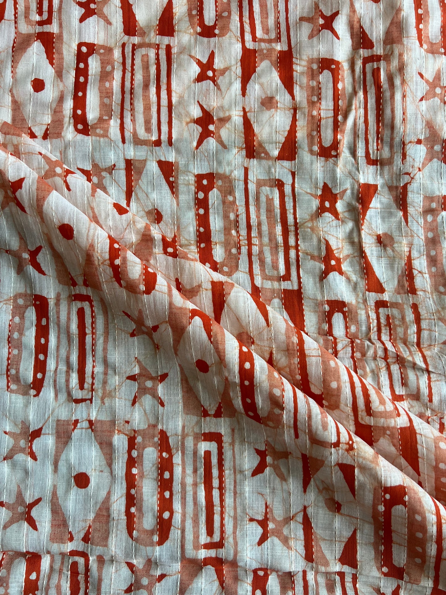 Orange Geometrical Printed Self Weaved Cotton Fabric