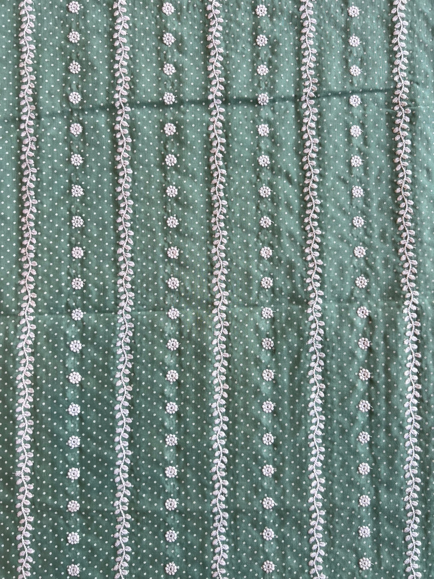 Green Stripes and Buti Embroidered Cotton Voile Fabric