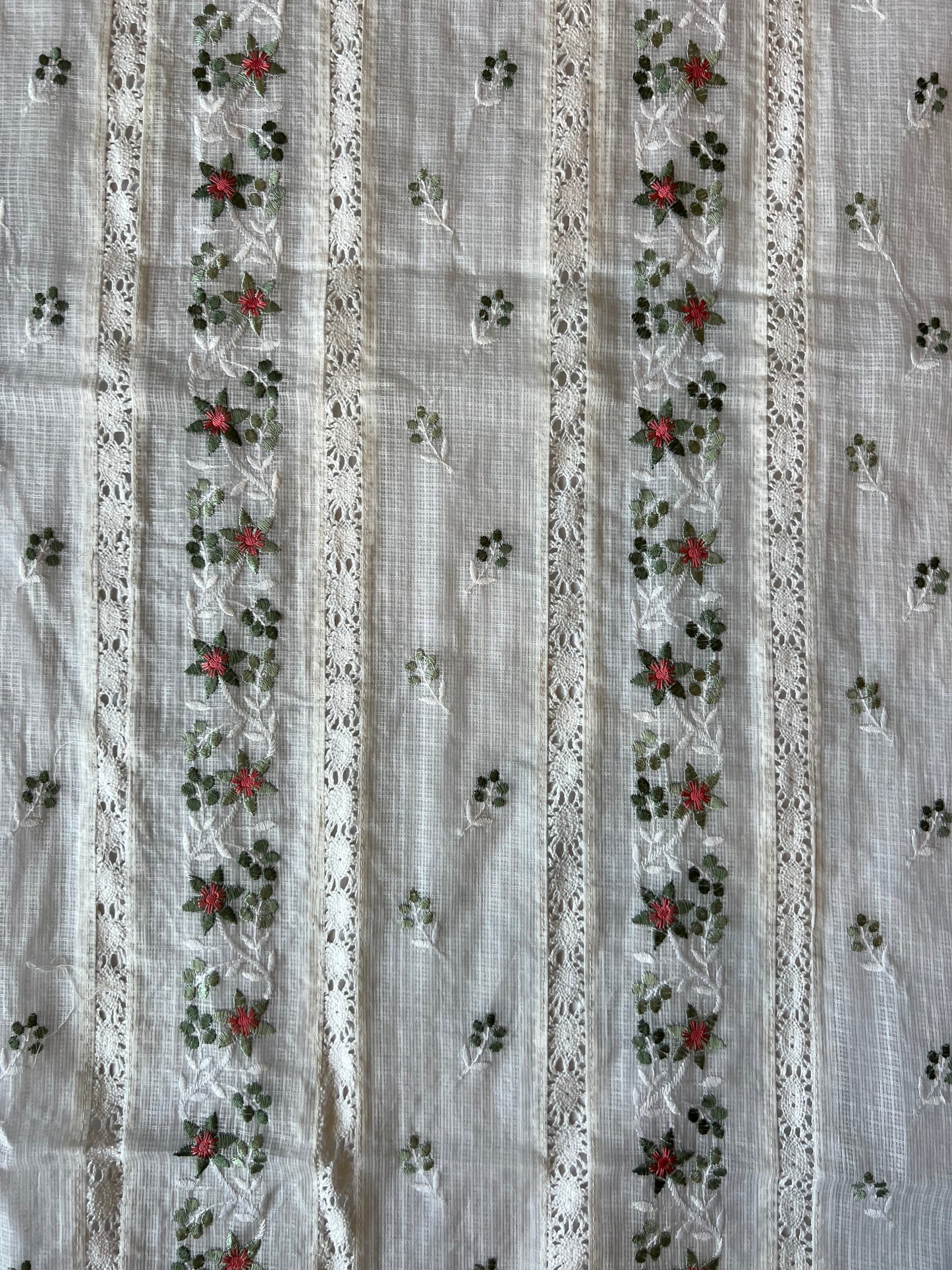 White Green Buti Embroidered Patch Work Kota Doriya Fabric