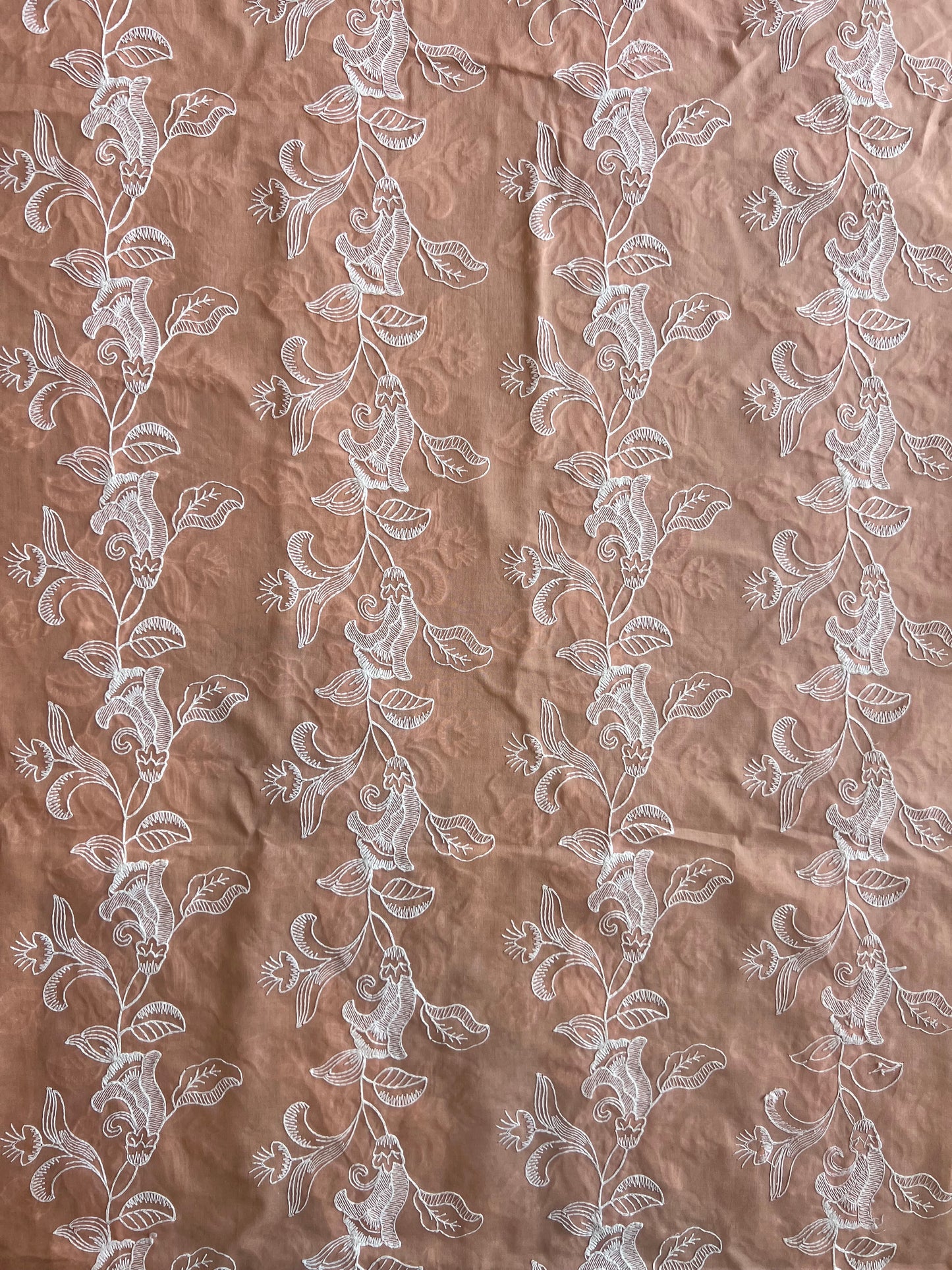 Peach Floral Embroidered Cotton Voile Fabric