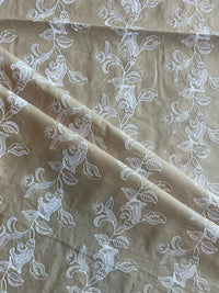 Beige Floral Embroidered Cotton Voile Fabric