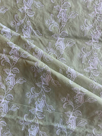 Olive Green Floral Embroidered Cotton Voile Fabric
