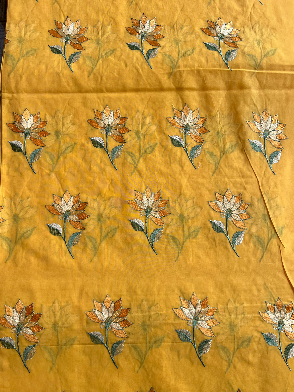 Yellow Floral Embroidered Cotton Voile Fabric