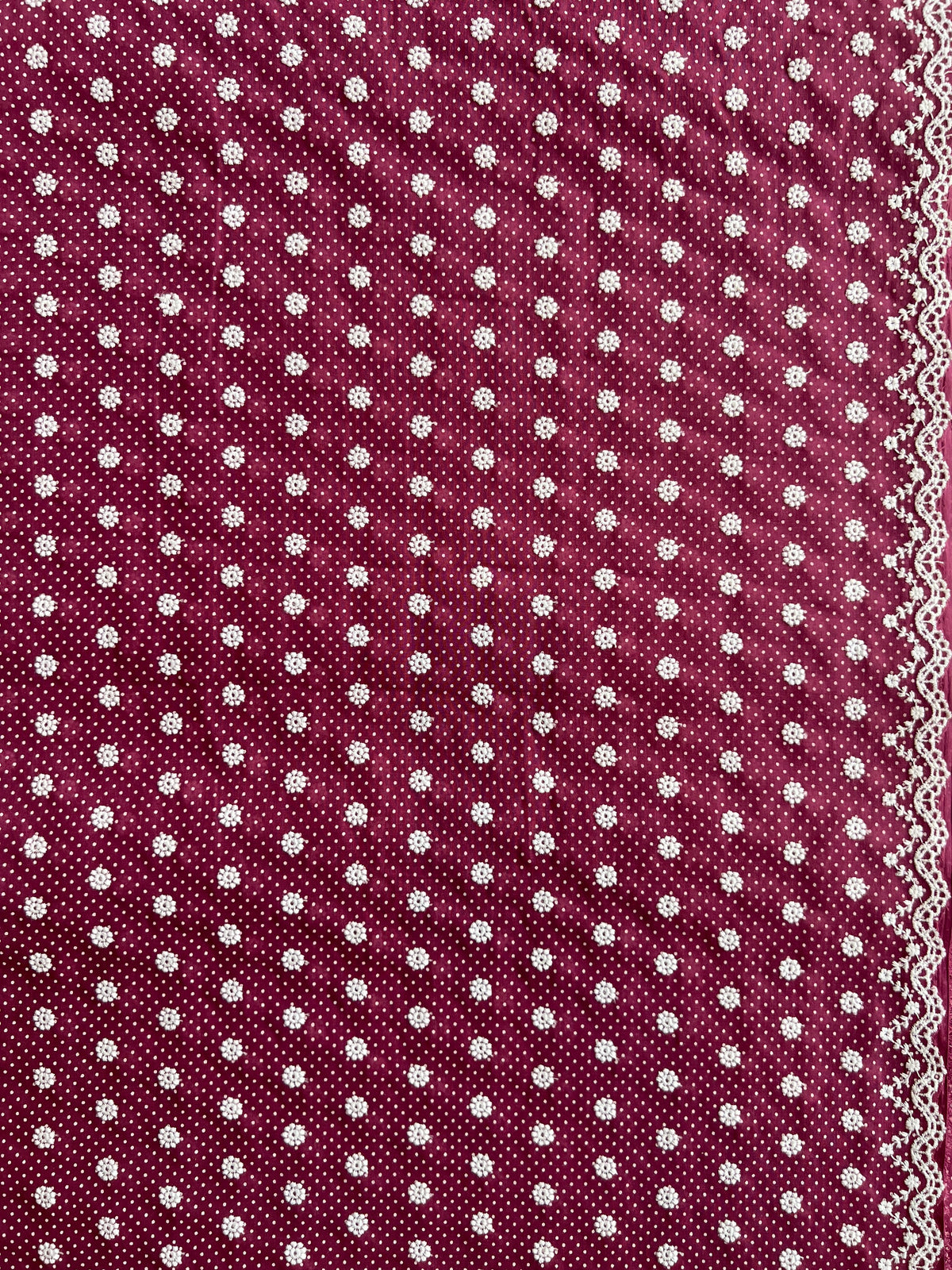 Wine Polka Dots Buti Embroidered Cotton Voile Fabric