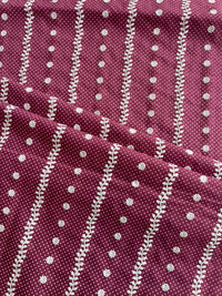 Wine Polka Dots Stripes and Buti Embroidered Cotton Voile Fabric