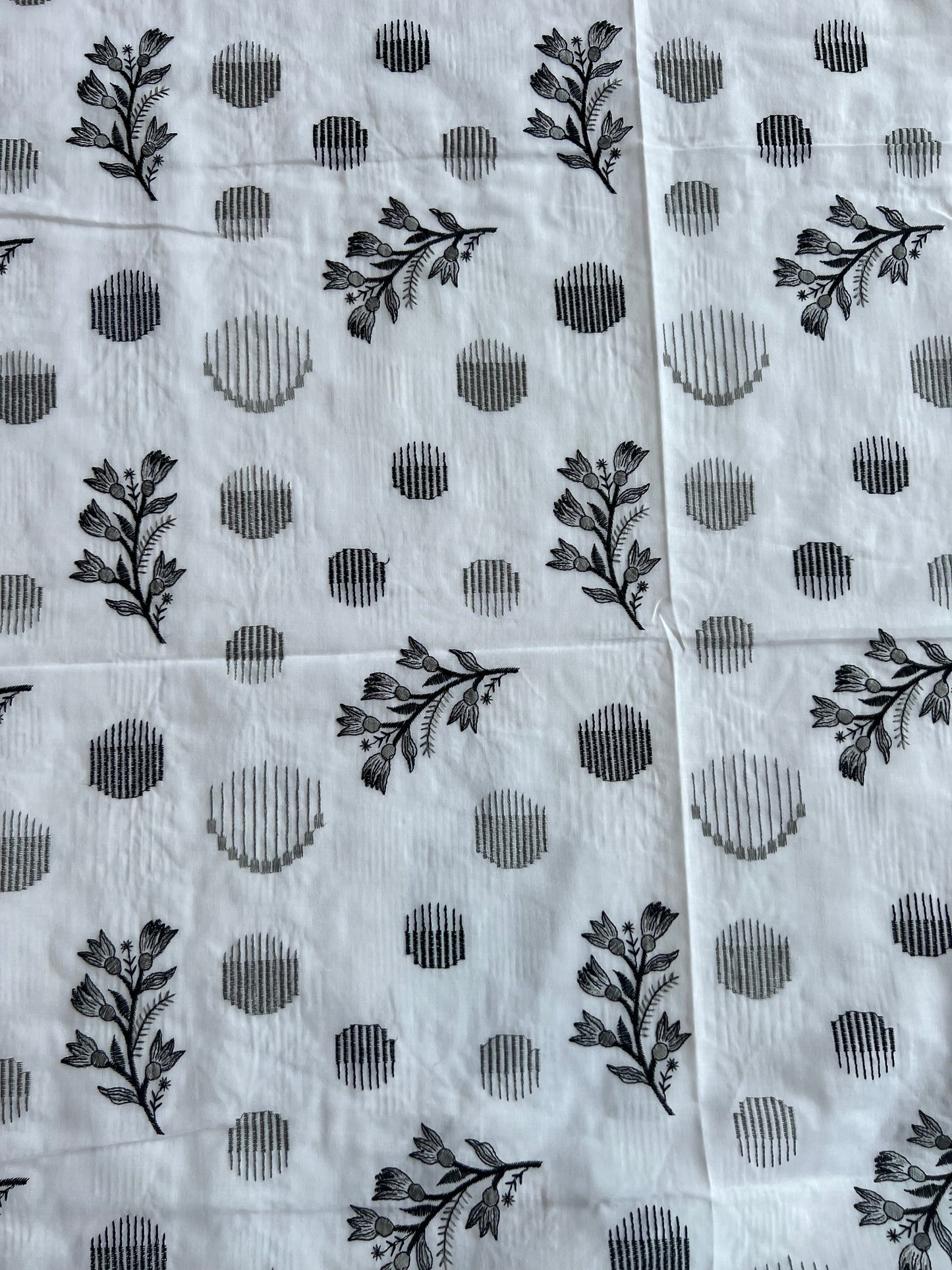 White and Black Floral Embroiderd Cotton Voile Fabric