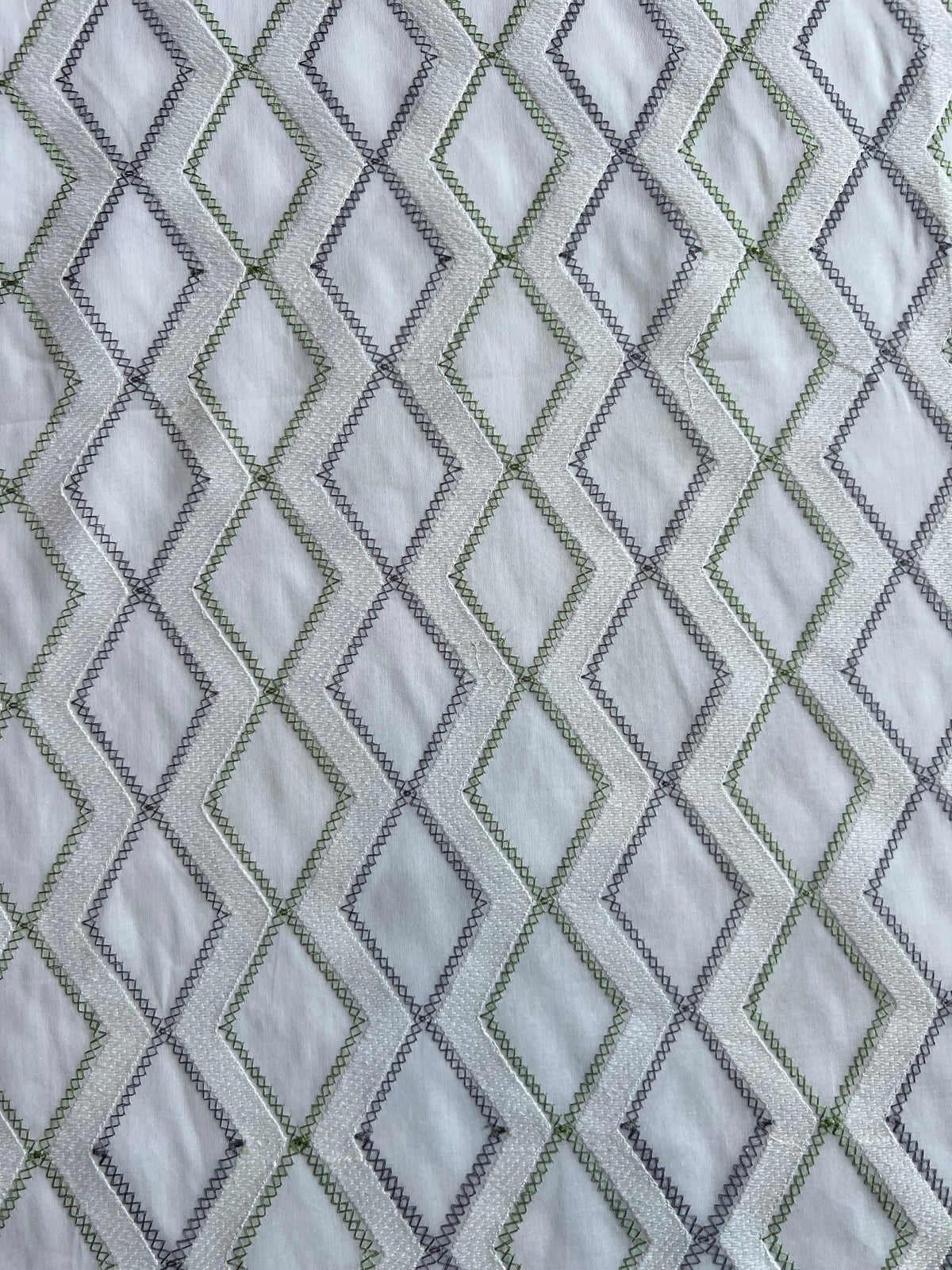 White and Green Geometrical Embroidery Cotton Voile Fabric