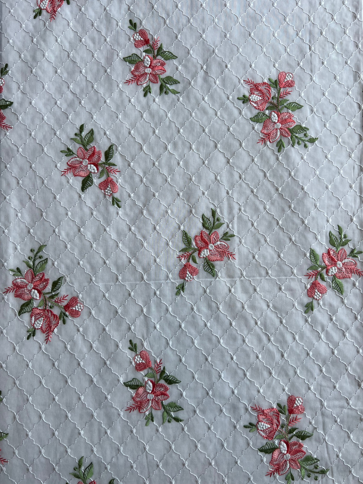 White and Peach Floral Embroidered Cotton Fabric