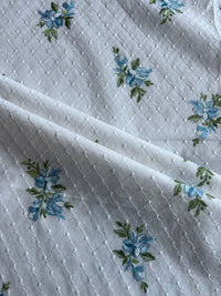 White and Blue Floral Embroidered Cotton Fabric
