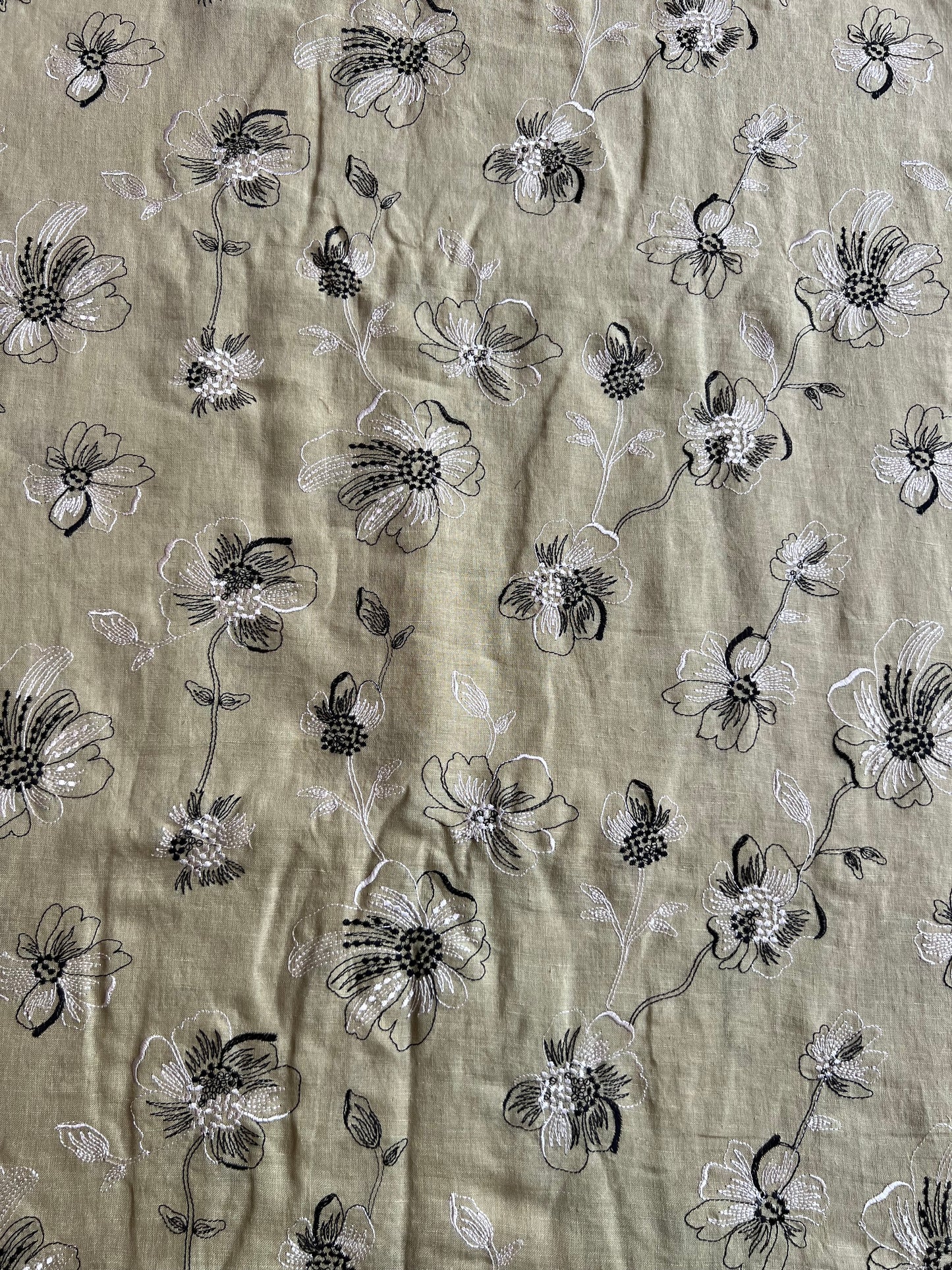 Green Floral Embroidered Pure Linen Fabric