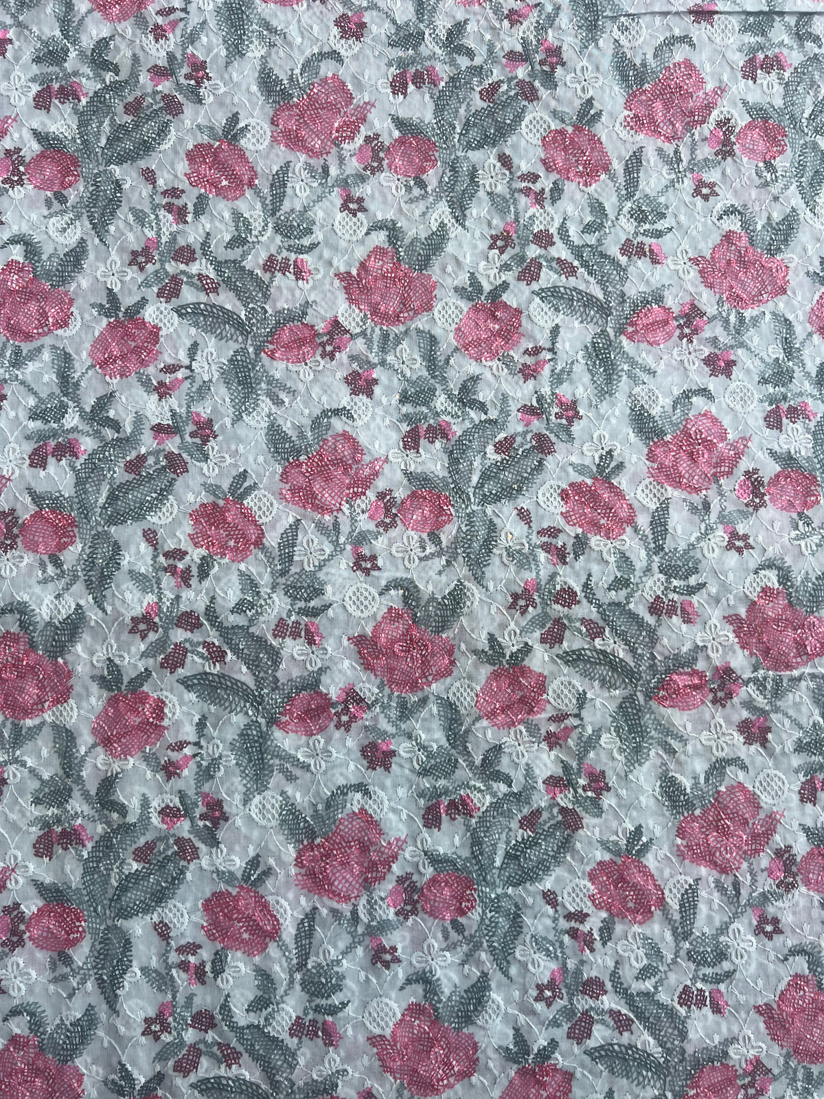 Blue All Over Embroidery with Floral Print Cotton Fabric