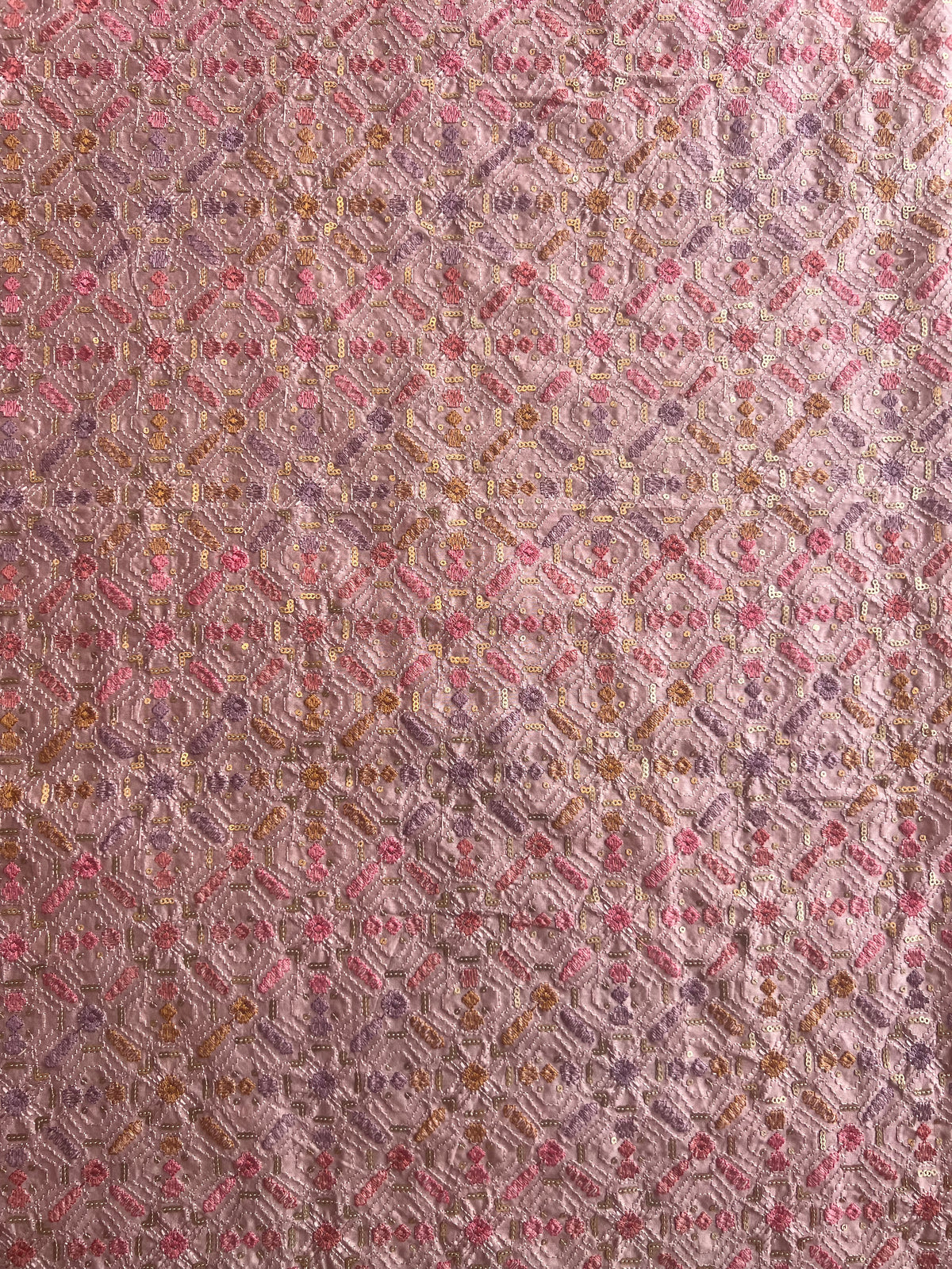 Peach Sequence Geometrical Embroidery Silk Fabric