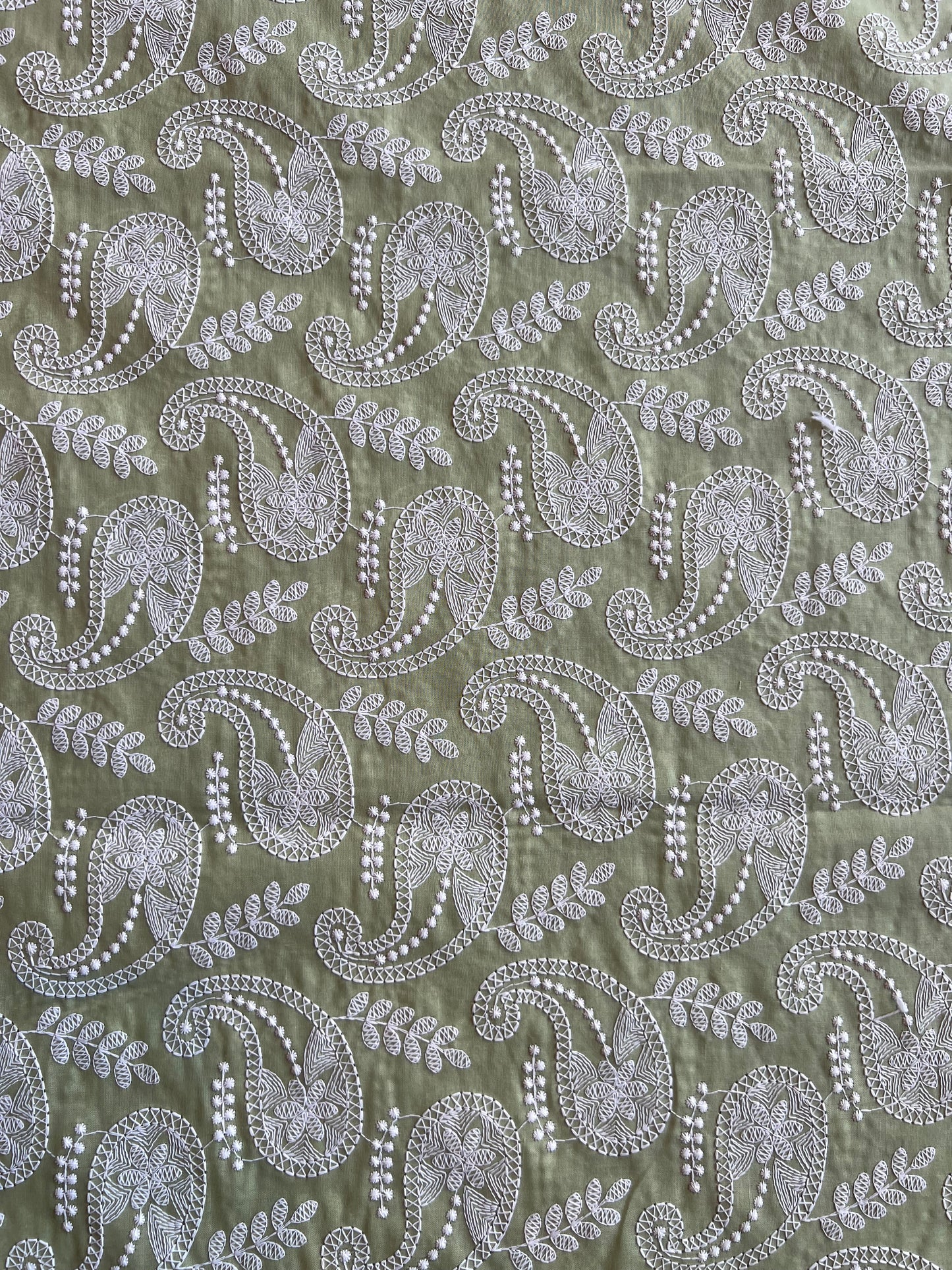 Olive Green Paisley Embroidered Cotton Fabric