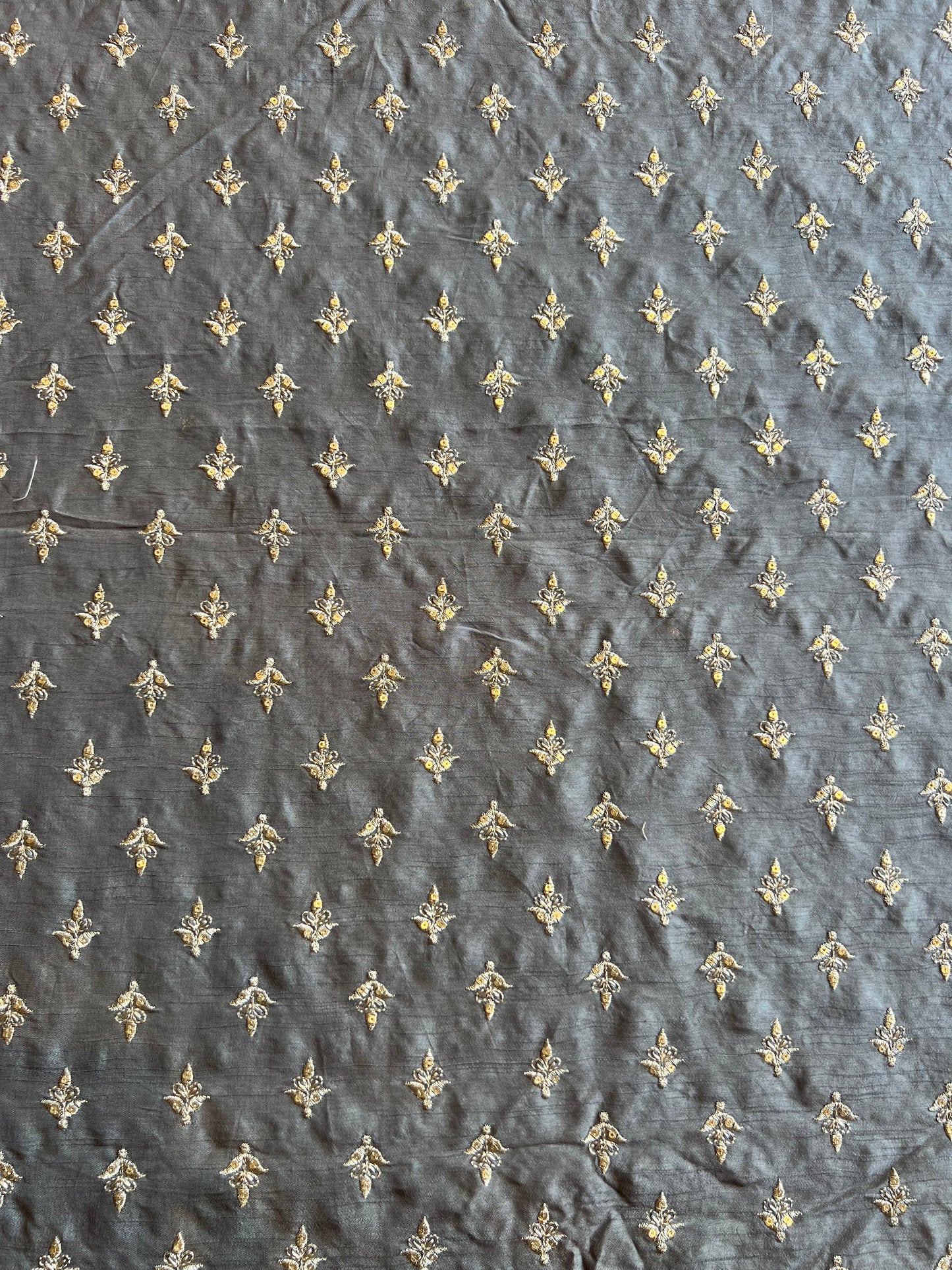 Grey Sequence Work Embroidery Viscose Raw Silk Fabric