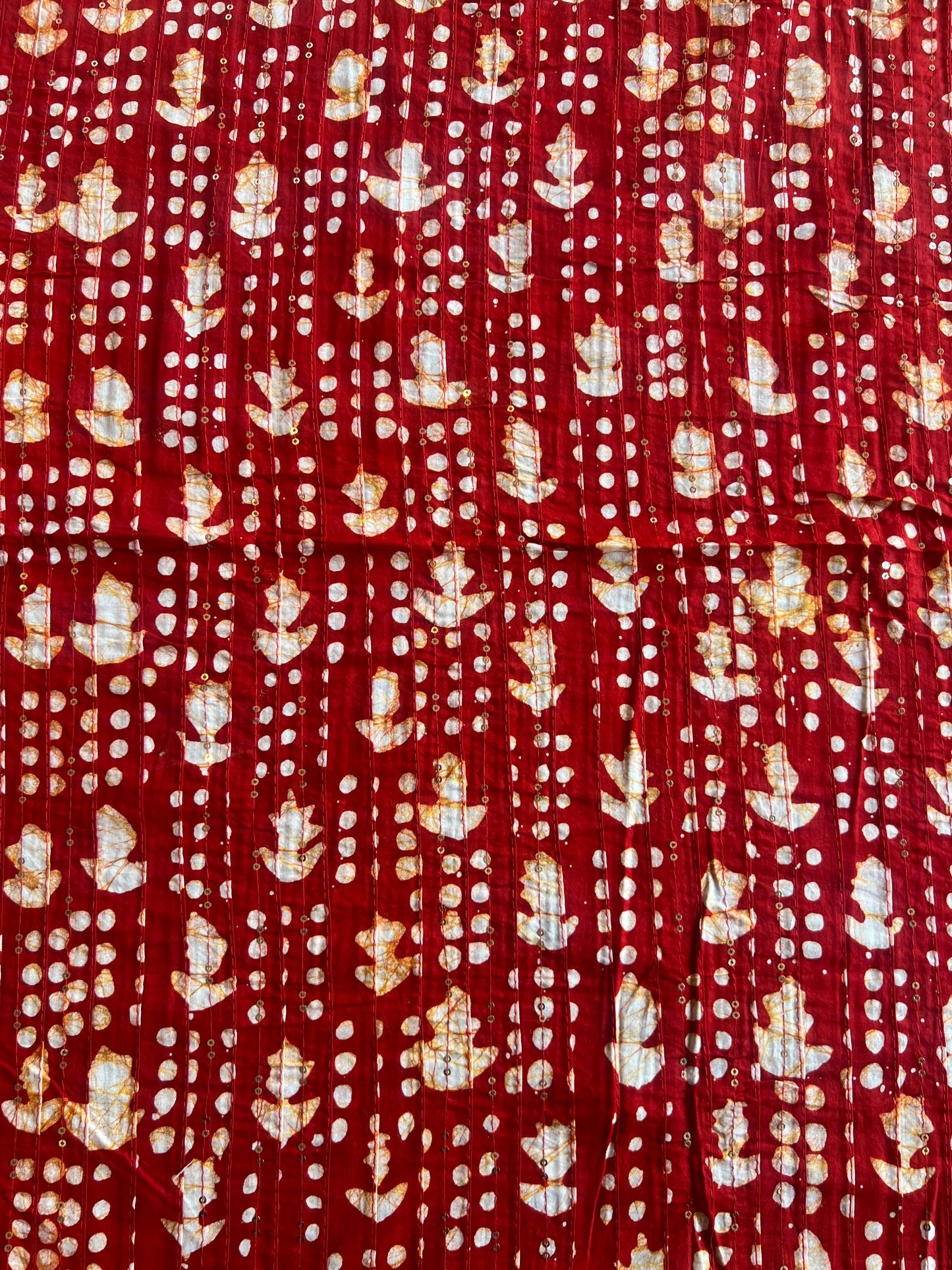 Maroon Batik Cotton Printed Fabric with Sequence Work Pintex