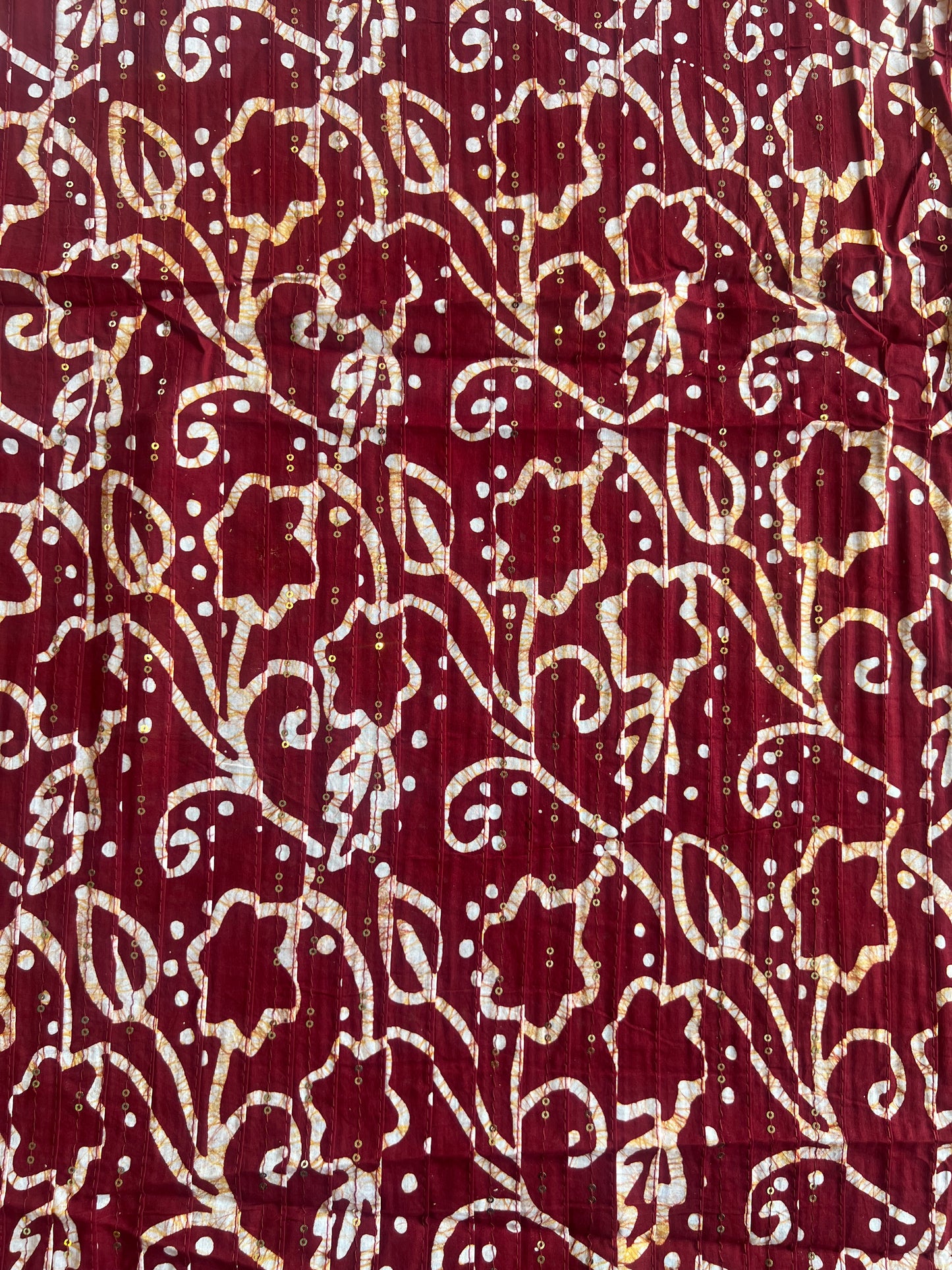 Maroon Batik Cotton Prined Fabric with Sequence Work Pintex