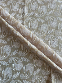 Beige Paisley Embroidered Cotton Fabric
