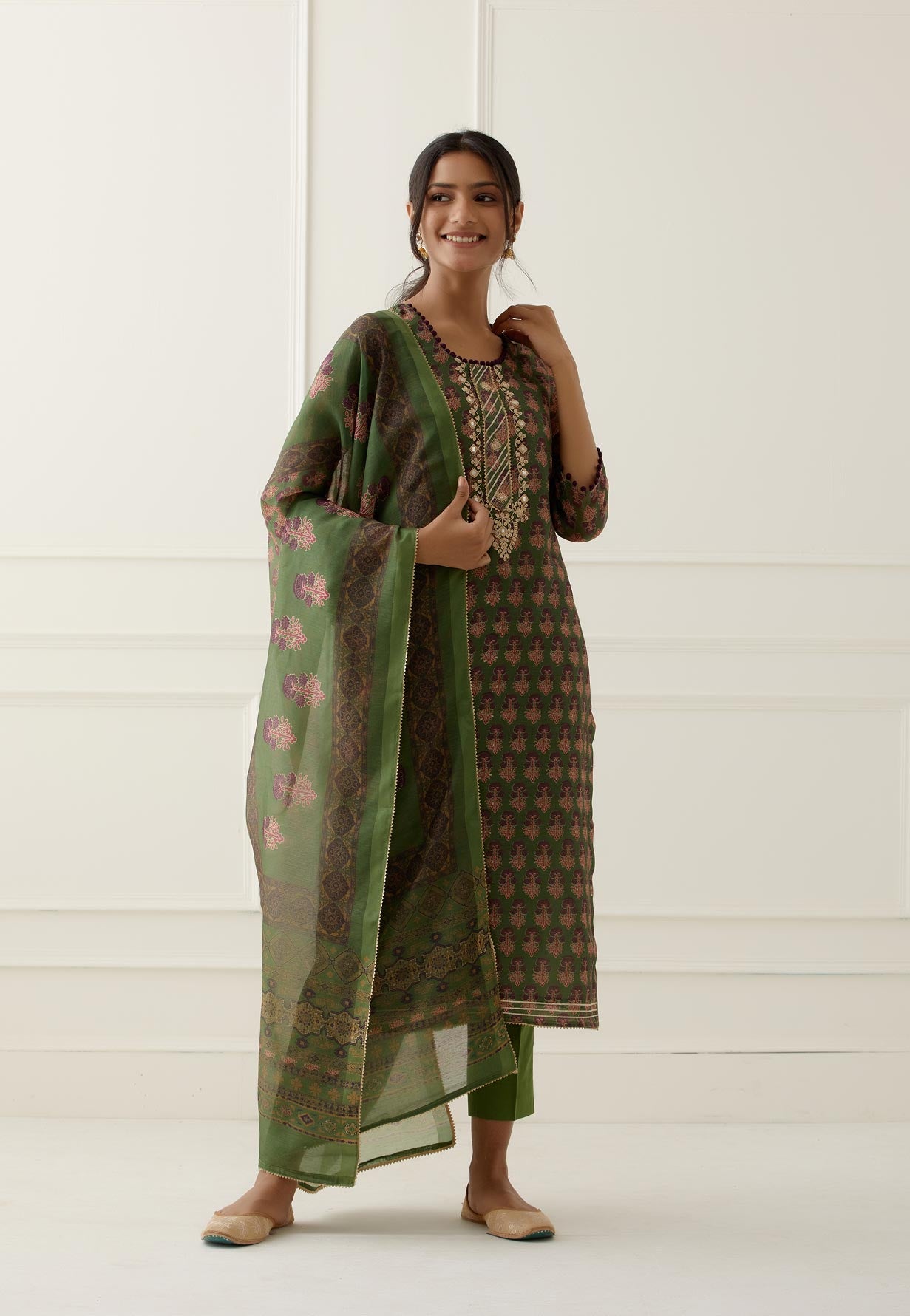 Green Jaipuri Print Chanderi Suit Set