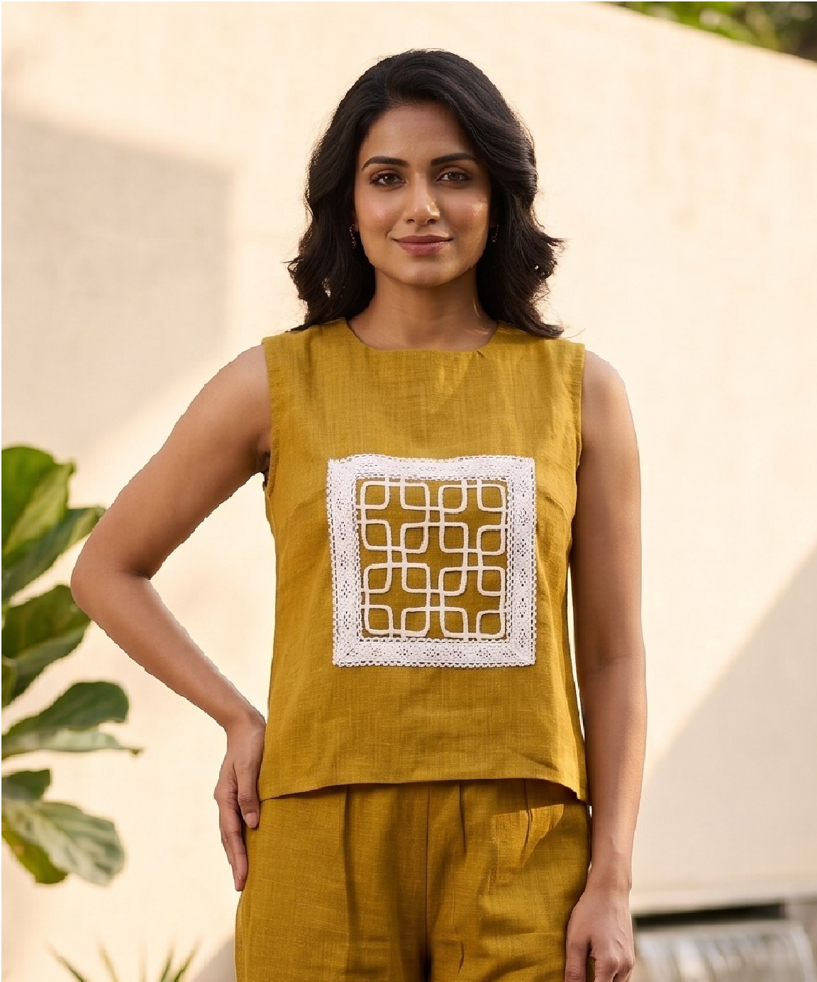 Mustard Linen Embroidered Sleeveless Co-ord Set