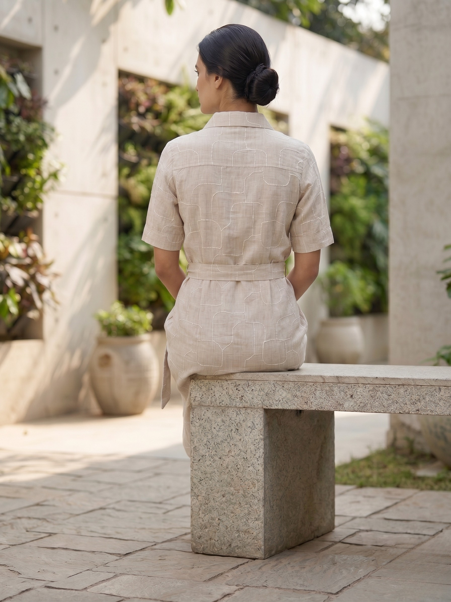Beige Embroidered Linen Dress