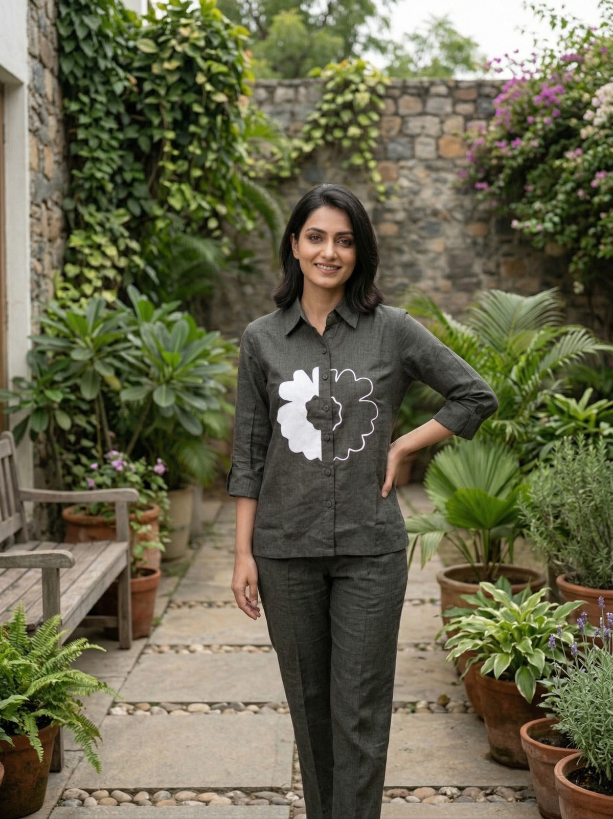 Grey Linen Flower Co-ord Set