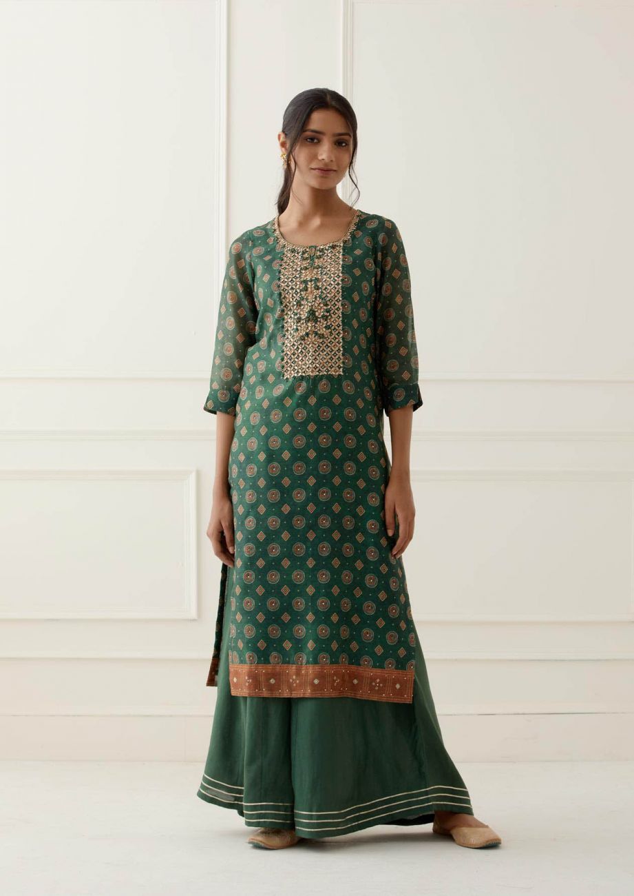 Rama Green Gota Work Suit Set with contrast Bhandani Dupatta