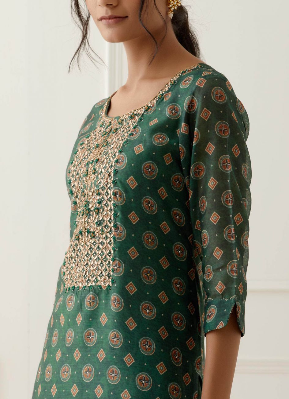 Rama Green Gota Work Suit Set with contrast Bhandani Dupatta