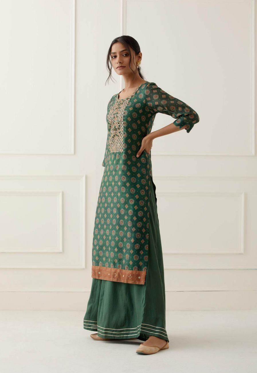 Rama Green Gota Work Suit Set with contrast Bhandani Dupatta
