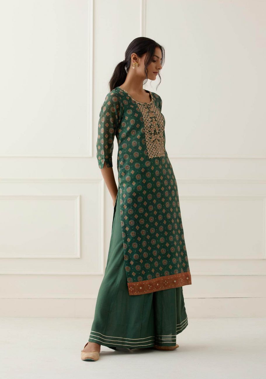 Rama Green Gota Work Suit Set with contrast Bhandani Dupatta
