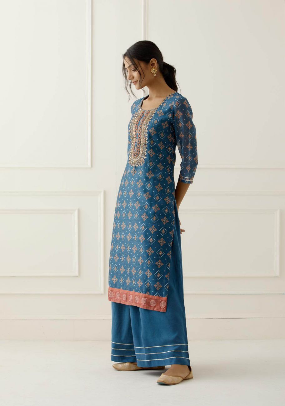 Blue Sequence and Gota Work Suit Set with contrast Bhandani Dupatta