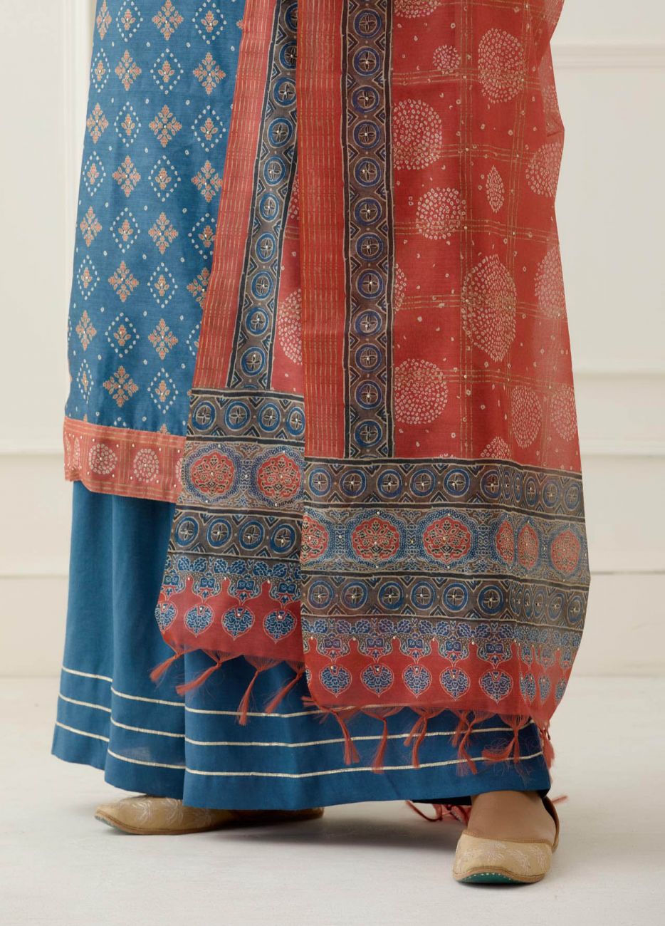 Blue Sequence and Gota Work Suit Set with contrast Bhandani Dupatta