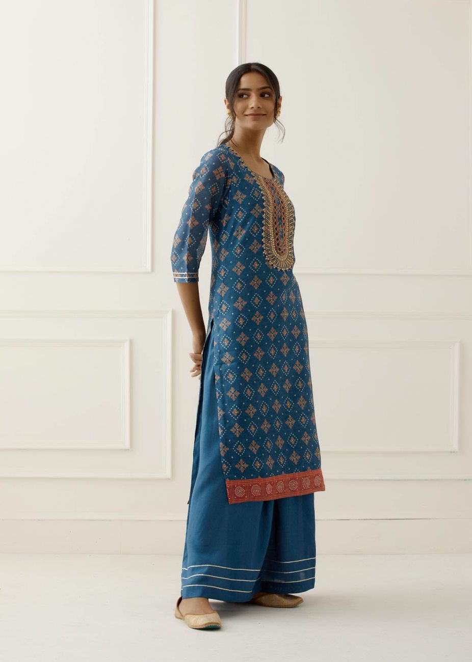 Blue Sequence and Gota Work Suit Set with contrast Bhandani Dupatta