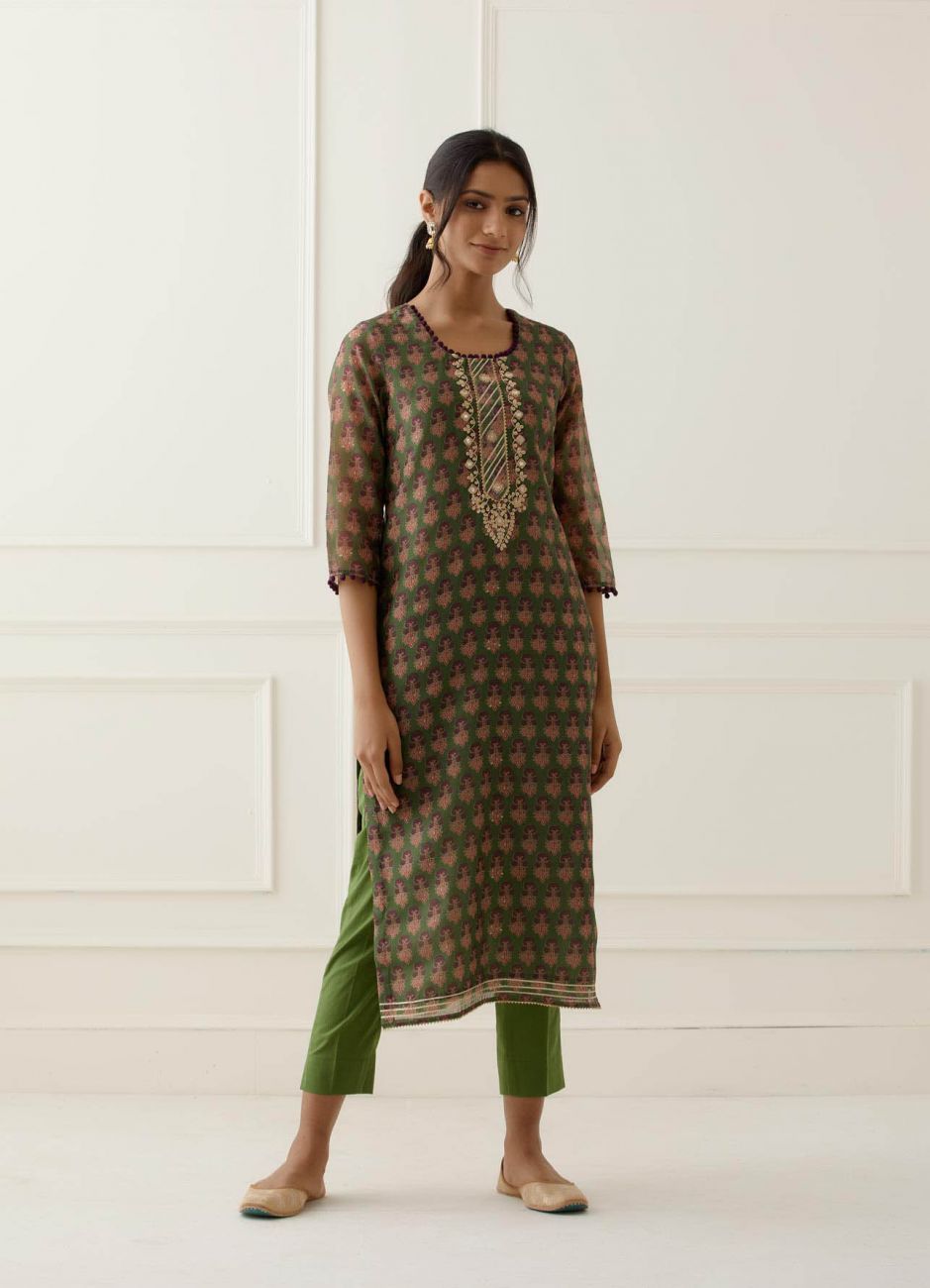 Green Jaipuri Print Chanderi Suit Set